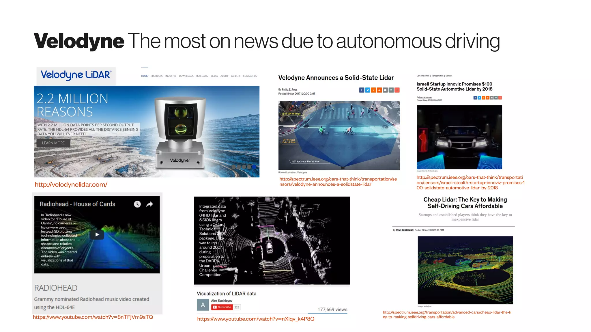 VelodyneThemoston newsduetoautonomousdriving
http://velodynelidar.com/
https://www.youtube.com/watch?v=8nTFjVm9sTQ https://www.youtube.com/watch?v=nXlqv_k4P8Q
http://spectrum.ieee.org/cars-that-think/transportation/se
nsors/velodyne-announces-a-solidstate-lidar
http://spectrum.ieee.org/cars-that-think/transportati
on/sensors/israeli-stealth-startup-innoviz-promises-1
00-solidstate-automotive-lidar-by-2018
http://spectrum.ieee.org/transportation/advanced-cars/cheap-lidar-the-k
ey-to-making-selfdriving-cars-affordable
 