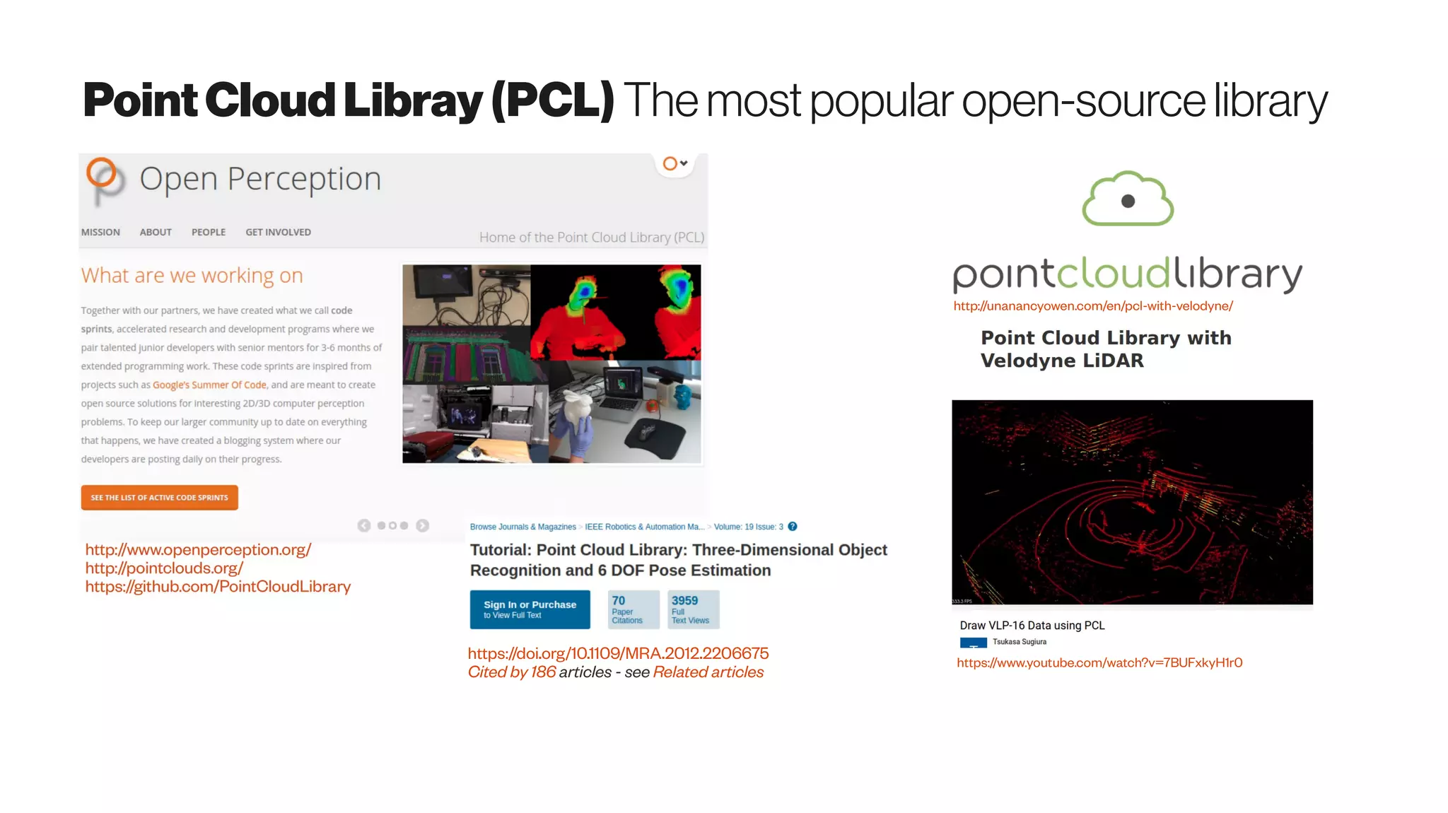 PointCloudLibray(PCL) The mostpopular open-sourcelibrary
http://unanancyowen.com/en/pcl-with-velodyne/
https://www.youtube.com/watch?v=7BUFxkyH1r0
https://doi.org/10.1109/MRA.2012.2206675
Cited by 186 articles - see Related articles
 