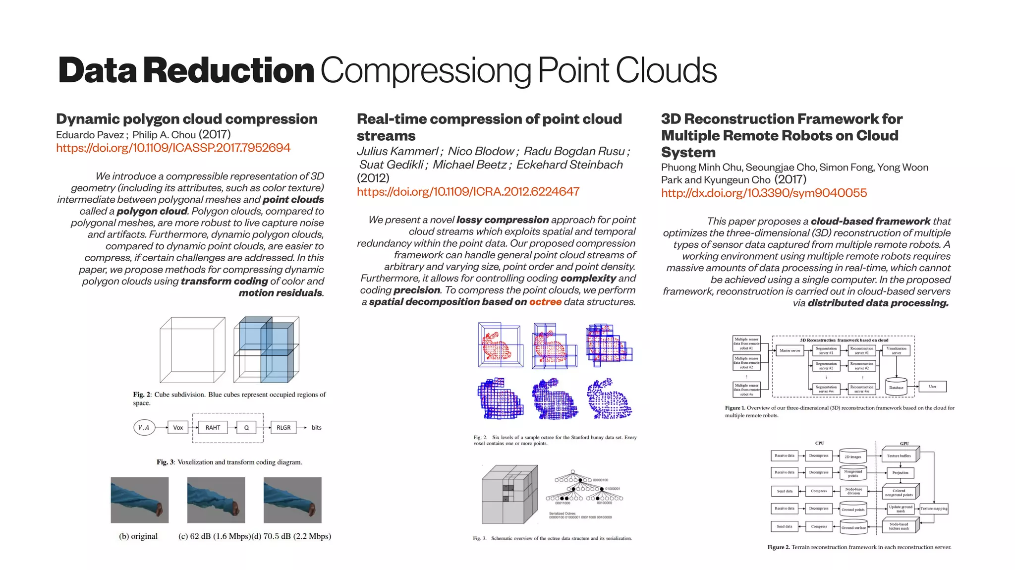 DataReduction CompressiongPointClouds
Dynamic polygon cloud compression
Eduardo Pavez ; Philip A. Chou (2017)
https://doi.org/10.1109/ICASSP.2017.7952694
We introduce a compressible representation of 3D
geometry (including its attributes, such as color texture)
intermediate between polygonal meshes and point clouds
called a polygon cloud. Polygon clouds, compared to
polygonal meshes, are more robust to live capture noise
and artifacts. Furthermore, dynamic polygon clouds,
compared to dynamic point clouds, are easier to
compress, if certain challenges are addressed. In this
paper, we propose methods for compressing dynamic
polygon clouds using transform coding of color and
motion residuals.
Real-time compression of point cloud
streams
Julius Kammerl ; Nico Blodow ; Radu Bogdan Rusu ;
Suat Gedikli ; Michael Beetz ; Eckehard Steinbach
(2012)
https://doi.org/10.1109/ICRA.2012.6224647
We present a novel lossy compression approach for point
cloud streams which exploits spatial and temporal
redundancy within the point data. Our proposed compression
framework can handle general point cloud streams of
arbitrary and varying size, point order and point density.
Furthermore, it allows for controlling coding complexity and
coding precision. To compress the point clouds, we perform
a spatial decomposition based on octree data structures.
3D Reconstruction Framework for
Multiple Remote Robots on Cloud
System
Phuong Minh Chu, Seoungjae Cho, Simon Fong, Yong Woon
Park and Kyungeun Cho (2017)
http://dx.doi.org/10.3390/sym9040055
This paper proposes a cloud-based framework that
optimizes the three-dimensional (3D) reconstruction of multiple
types of sensor data captured from multiple remote robots. A
working environment using multiple remote robots requires
massive amounts of data processing in real-time, which cannot
be achieved using a single computer. In the proposed
framework, reconstruction is carried out in cloud-based servers
via distributed data processing.
 