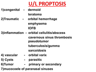 U/L PROPTOSIS
1)congenital - dermoid
teratoma
2)Traumatic - orbital hemorrhage
emphysema
IOFB
3)inflammation - orbital cellulitis/abscess
cavernous sinus thrombosis
pseudotumor
tuberculosis/gumma
sarcoidosis
4) vascular - orbital varix
5) Cysts - parasitic
6)Tumor - primary or secondary
7)mucocoele of paranasal sinuses
 