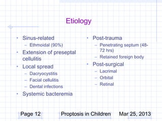 Etiology

• Sinus-related                • Post-trauma
   – Ethmoidal (90%)                – Penetrating septum (48-
• Extension of preseptal              72 hrs)
  cellulitis                        – Retained foreign body

• Local spread                 • Post-surgical
                                    – Lacrimal
   – Dacryocystitis
                                    – Orbital
   – Facial cellulitis
                                    – Retinal
   – Dental infections
• Systemic bacteremia



 Page 12             Proptosis in Children       Mar 25, 2013
 