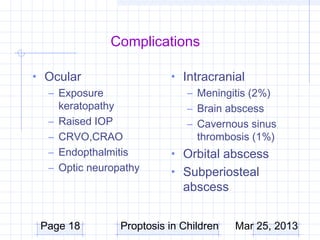 Complications

• Ocular                  • Intracranial
  – Exposure                 – Meningitis (2%)
    keratopathy              – Brain abscess
  – Raised IOP               – Cavernous sinus
  – CRVO,CRAO                  thrombosis (1%)
  – Endopthalmitis        • Orbital abscess
  – Optic neuropathy      • Subperiosteal
                             abscess


 Page 18        Proptosis in Children   Mar 25, 2013
 