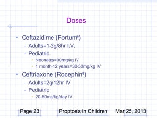 Doses

• Ceftazidime (Fortum® )
  – Adults=1-2g/8hr I.V.
  – Pediatric
     • Neonates=30mg/kg IV
     • 1 month-12 years=30-50mg/kg IV
• Ceftriaxone (Rocephin® )
  – Adults=2g/12hr IV
  – Pediatric
     • 20-50mg/kg/day IV


 Page 23         Proptosis in Children   Mar 25, 2013
 