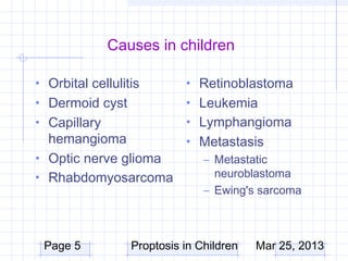 Causes in children

• Orbital cellulitis        • Retinoblastoma
• Dermoid cyst              • Leukemia
• Capillary                 • Lymphangioma
  hemangioma         • Metastasis
• Optic nerve glioma   – Metastatic
• Rhabdomyosarcoma       neuroblastoma
                                – Ewing's sarcoma



 Page 5           Proptosis in Children   Mar 25, 2013
 
