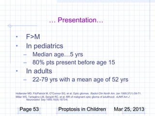 … Presentation…

•       F>M
•       In pediatrics
      –       Median age…5 yrs
      –       80% pts present before age 15
•       In adults
      –       22-79 yrs with a mean age of 52 yrs

Hollander MD, FitzPatrick M, O''Connor SG, et al. Optic gliomas.  Radiol Clin North Am. Jan 1999;37(1):59-71.
Millar WS, Tartaglino LM, Sergott RC, et al. MR of malignant optic glioma of adulthood.  AJNR Am J
         Neuroradiol. Sep 1995;16(8):1673-6. 


    Page 53                         Proptosis in Children                            Mar 25, 2013
 