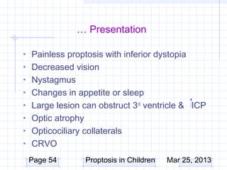 … Presentation

• Painless proptosis with inferior dystopia
• Decreased vision
• Nystagmus
• Changes in appetite or sleep
• Large lesion can obstruct 3rd ventricle & ICP
• Optic atrophy
• Opticociliary collaterals
• CRVO

 Page 54          Proptosis in Children   Mar 25, 2013
 