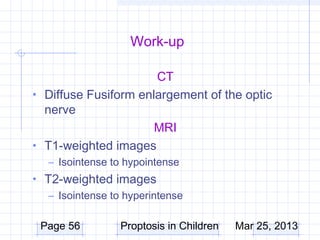 Work-up

                      CT
• Diffuse Fusiform enlargement of the optic
  nerve
                      MRI
• T1-weighted images
   – Isointense to hypointense
• T2-weighted images
   – Isointense to hyperintense

 Page 56          Proptosis in Children   Mar 25, 2013
 