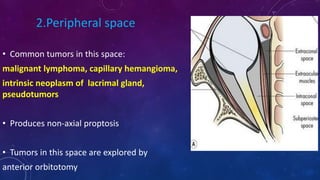 • Common tumors in this space:
malignant lymphoma, capillary hemangioma,
intrinsic neoplasm of lacrimal gland,
pseudotumors
• Produces non-axial proptosis
• Tumors in this space are explored by
anterior orbitotomy
2.Peripheral space
 