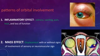 patterns of orbital involvement
1. INFLAMMATORY EFFECT: redness, swelling, pain,
heat, and loss of function
2. MASS EFFECT: Displacement with or without signs
of involvement of sensory or neuromuscular sign
 