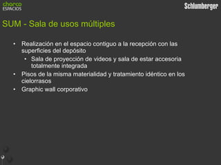 SUM - Sala de usos múltiples Realización en el espacio contiguo a la recepción con las superficies del depósito Sala de proyección de videos y sala de estar accesoria totalmente integrada Pisos de la misma materialidad y tratamiento idéntico en los cielorrasos Graphic wall corporativo 
