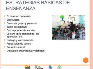ESTRATEGIAS BÁSICAS DE ENSEÑANZA Exposición de temas Entrevistas Diario de grupo y personal Taller de escritura Correspondencia escolar Lectura libre compartida, en episodios, etc. Diálogo y conversación Producción de textos Periódico mural Discusión organizativa y debates 