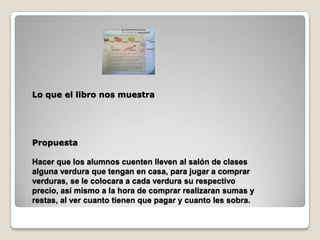 Lo que el libro nos muestra




Propuesta

Hacer que los alumnos cuenten lleven al salón de clases
alguna verdura que tengan en casa, para jugar a comprar
verduras, se le colocara a cada verdura su respectivo
precio, así mismo a la hora de comprar realizaran sumas y
restas, al ver cuanto tienen que pagar y cuanto les sobra.
 