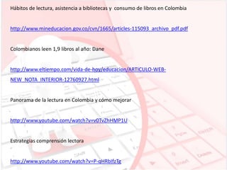 Hábitos de lectura, asistencia a bibliotecas y consumo de libros en Colombia

http://www.mineducacion.gov.co/cvn/1665/articles-115093_archivo_pdf.pdf

Colombianos leen 1,9 libros al año: Dane

http://www.eltiempo.com/vida-de-hoy/educacion/ARTICULO-WEBNEW_NOTA_INTERIOR-12760927.html

Panorama de la lectura en Colombia y cómo mejorar

http://www.youtube.com/watch?v=v0TvZhHMP1U

Estrategias comprensión lectora

http://www.youtube.com/watch?v=P-qHRbIfzTg

 
