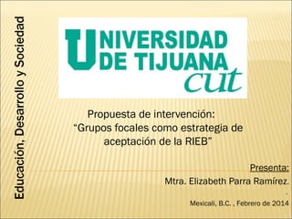 Propuesta de intervención:
“Grupos focales como estrategia de
aceptación de la RIEB”
Presenta:
Mtra. Elizabeth Parra Ramírez.
.

Mexicali, B.C. , Febrero de 2014

 