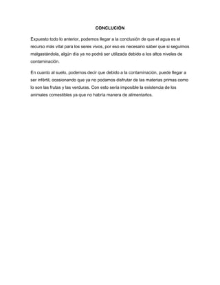 CONCLUCIÓN
Expuesto todo lo anterior, podemos llegar a la conclusión de que el agua es el
recurso más vital para los seres vivos, por eso es necesario saber que si seguimos
malgastándola, algún día ya no podrá ser utilizada debido a los altos niveles de
contaminación.
En cuanto al suelo, podemos decir que debido a la contaminación, puede llegar a
ser infértil, ocasionando que ya no podamos disfrutar de las materias primas como
lo son las frutas y las verduras. Con esto sería imposible la existencia de los
animales comestibles ya que no habría manera de alimentarlos.
 