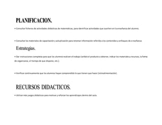• Consultar ficheros de actividades didácticas de matemáticas, para identificar actividades que auxilien en la enseñanza del alumno.
• Consultar los materiales de capacitación y actualización para retomar información referida a los contenidos y enfoques de enseñanza.
• Dar instrucciones completas para que los alumnosrealicen el trabajo (señaloel producto a obtener, indicar los materialesy recursos, la forma
de organizarse, el tiempo de que dispone, etc.).
• Verificar continuamente que los alumnos hayan comprendido lo que tienen que hacer (retroalimentación).
• Utilizar más juegos didácticos para motivar y reforzar los aprendizajes dentro del aula.
 