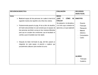 SECUENCIADIDÁCTICA EVALUACIÓN RECURSOS
DIDÁCTICOS.
Inicio:
 Realizaré equipo de tres personas, los cuales lo haré de la
siguiente manera; les repartiré a los niños tres colores.
 Posteriormente pasaré a la pág. 44 de su libro de desafíos,
ahí harán esta actividad, la cual consiste que en equipos de
tres personas escribirán sumas en tres maneras diferentes
para que se cumplan dos condiciones, que el resultado no
cambie y que el resultado sea más rápido.
 Después de haber terminado la pág. del libro pasará un
integrante de cada equipo al pizarrón a explicar que
procedimiento utilizaron para resolver la suma
INICIO:
¿QUÉ Y CÓMO SE
EVALÚA?
Se evaluará si la disciplina y
si el niño supo contestar los
ejercicios y si supo explicarlo
MAESTRO:
- Pizarrón
- Fotocopia
- Planeación
- Material
didáctico.
- Computadora
- Cañón
ALUMNO:
- Fotocopia
- Cuaderno.
 