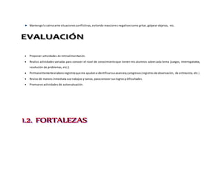 Mantengo la calma ante situaciones conflictivas, evitando reacciones negativas como gritar, golpear objetos, etc.
 Proponer actividades de retroalimentación.
 Realizo actividades variadas para conocer el nivel de conocimientoque tienen mis alumnos sobre cada tema (juegos, interrogatorios,
resolución de problemas, etc.).
 Permanentemente elabororegistrosque me ayudanaidentificarsusavancesyprogresos(registrosde observación, de entrevista, etc.).
 Reviso de manera inmediata sus trabajos y tareas, para conocer sus logros y dificultades.
 Promuevo actividades de autoevaluación.
 