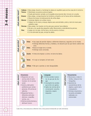 3-4meses
Cabeza: 	• Boca abajo, levanto y mantengo la cabeza en equilibrio para ver las cosas de mi entorno.
Tronco:	 • Ma...