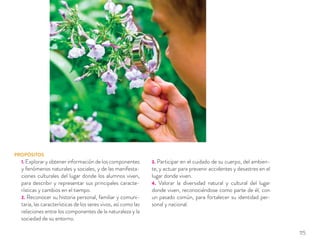 PROPÓSITOS
1. Explorar y obtener información de los componentes
y fenómenos naturales y sociales, y de las manifesta-
ciones culturales del lugar donde los alumnos viven,
para describir y representar sus principales caracte-
rísticas y cambios en el tiempo.
2. Reconocer su historia personal, familiar y comuni-
taria, las características de los seres vivos, así como las
relaciones entre los componentes de la naturaleza y la
sociedad de su entorno.
3. Participar en el cuidado de su cuerpo, del ambien-
te, y actuar para prevenir accidentes y desastres en el
lugar donde viven.
4. Valorar la diversidad natural y cultural del lugar
donde viven, reconociéndose como parte de él, con
un pasado común, para fortalecer su identidad per-
sonal y nacional.
115
 