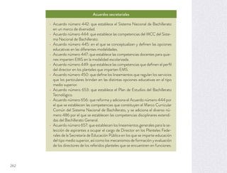 Acuerdos secretariales
Acuerdo número 442: que establece el Sistema Nacional de Bachillerato
en un marco de diversidad.
Acuerdo número 444: que establece las competencias del MCC del Siste-
ma Nacional de Bachillerato.
Acuerdo número 445: en el que se conceptualizan y deﬁnen las opciones
educativas en las diferentes modalidades.
Acuerdo número 447: que establece las competencias docentes para quie-
nes imparten EMS en la modalidad escolarizada.
Acuerdo número 449: que establece las competencias que deﬁnen el perﬁl
del director en los planteles que imparten EMS.
Acuerdo número 450: que deﬁne los lineamientos que regulan los servicios
que los particulares brindan en las distintas opciones educativas en el tipo
medio superior.
Acuerdo número 653: que establece el Plan de Estudios del Bachillerato
Tecnológico.
Acuerdo número 656: que reforma y adiciona el Acuerdo número 444 por
el que se establecen las competencias que constituyen el Marco Curricular
Común del Sistema Nacional de Bachillerato, y se adiciona el diverso nú-
mero 486 por el que se establecen las competencias disciplinares extendi-
das del Bachillerato General.
Acuerdo número 657: que establecen los lineamientos generales para la se-
lección de aspirantes a ocupar el cargo de Director en los Planteles Fede-
rales de la Secretaría de Educación Pública en los que se imparte educación
del tipo medio superior, así como los mecanismos de formación y evaluación
de los directores de los referidos planteles que se encuentren en funciones.
262
 