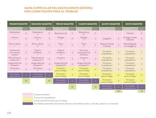 MAPA CURRICULAR DEL BACHILLERATO GENERAL
CON CAPACITACIÓN PARA EL TRABAJO
PRIMER SEMESTRE SEGUNDO SEMESTRE TERCER SEMESTRE CUARTO SEMESTRE QUINTO SEMESTRE SEXTO SEMESTRE
Asignatura Horas Asignatura Horas Asignatura Horas Asignatura Horas Asignatura Horas Asignatura Horas
Matemáticas
I
5
Matemáticas
II
5 Matemáticas III 5
Matemáticas
IV
5 Filosofía 4
Química
I
5
Química
II
5
Biología
I
4
Biología
II
3 Geografía 3
Ecología y medio
ambiente
3
Ética y valores
I
3
Ética y valores
II
3
Física
I
5
Física
II
5
Historia Universal
Contemp.
3
Metodología de
la investigación
3
Introducción
a las ciencias
sociales
3
Historia
de México
I
3
Historia
de México
II
3
Estructura
socioeconómica
de México
3
Formación
propedéutica
3
Formación
propedéutica
3
Taller de lectura
y redacción I
4
Taller de lectura
y redacción II
4
Literatura
I
3
Literatura
II
3
Formación
propedéutica
3
Formación
propedéutica
3
Lengua adicional
al español I
3
Lengua adicional
al español II
3
Lengua adicional
al español III
3
Lengua adicional
al español IV
3
Formación
propedéutica
3
Formación
propedéutica
3
Informática
I
3
Informática
II
3
Formación
para el trabajo
4
Formación
para el trabajo
4
Formación
propedéutica
3
Formación
propedéutica
3
Actividades
paraescolares
4
Actividades
paraescolares
4
Formación
para el trabajo
3
Formación
para el trabajo
3
Formación
para el trabajo
4
Formación
para el trabajo
4
30 30 Actividades
paraescolares
3
Actividades
paraescolares
2
Formación
para el trabajo
3
Formación
para el trabajo
3
32 32 Actividades
paraescolares
4
Actividades
paraescolares
3
30 32
Componente básico
Componente propedéutico
Componente de formación para el trabajo
Actividades paraescolares (Orientación educativa, Actividades artístico-culturales y deportivo-recreativas)
274
 