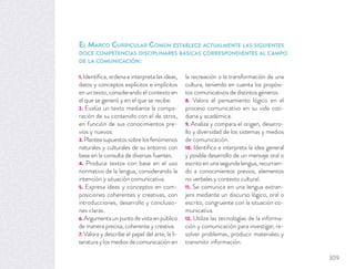 EL MARCO CURRICULAR COMÚN ESTABLECE ACTUALMENTE LAS SIGUIENTES
DOCE COMPETENCIAS DISCIPLINARES BÁSICAS CORRESPONDIENTES AL CAMPO
DE LA COMUNICACIÓN:
1. Identiﬁca, ordena e interpreta las ideas,
datos y conceptos explícitos e implícitos
en un texto, considerando el contexto en
el que se generó y en el que se recibe.
2. Evalúa un texto mediante la compa-
ración de su contenido con el de otros,
en función de sus conocimientos pre-
vios y nuevos.
3. Planteasupuestossobrelosfenómenos
naturales y culturales de su entorno con
base en la consulta de diversas fuentes.
4. Produce textos con base en el uso
normativo de la lengua, considerando la
intención y situación comunicativa.
5. Expresa ideas y conceptos en com-
posiciones coherentes y creativas, con
introducciones, desarrollo y conclusio-
nes claras.
6. Argumentaunpuntodevistaenpúblico
de manera precisa, coherente y creativa.
7. Valora y describe el papel del arte, la li-
teratura y los medios de comunicación en
la recreación o la transformación de una
cultura, teniendo en cuenta los propósi-
tos comunicativos de distintos géneros.
8. Valora el pensamiento lógico en el
proceso comunicativo en su vida coti-
diana y académica.
9. Analiza y compara el origen, desarro-
llo y diversidad de los sistemas y medios
de comunicación.
10. Identiﬁca e interpreta la idea general
y posible desarrollo de un mensaje oral o
escrito en una segunda lengua, recurrien-
do a conocimientos previos, elementos
no verbales y contexto cultural.
11. Se comunica en una lengua extran-
jera mediante un discurso lógico, oral o
escrito, congruente con la situación co-
municativa.
12. Utiliza las tecnologías de la informa-
ción y comunicación para investigar, re-
solver problemas, producir materiales y
transmitir información.
309
 
