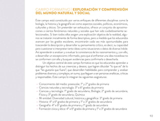 CAMPO FORMATIVO | EXPLORACIÓN Y COMPRENSIÓN
DEL MUNDO NATURAL Y SOCIAL
Este campo está constituido por varios enfoques de diferentes disciplinas como la
biología, la historia y la geografía así como aspectos sociales, políticos, económicos,
culturales y éticos. Sin pretender ser exhaustivo, ofrece un conjunto de aproxima-
ciones a ciertos fenómenos naturales y sociales que han sido cuidadosamente se-
leccionados. Si bien todos ellos exigen una explicación objetiva de la realidad, algu-
nos se tratarán inicialmente de forma descriptiva, pero a medida que los educandos
avancen por los grados escolares, encontrarán cada vez más oportunidades para
trascender la descripción y desarrollar su pensamiento crítico, es decir, su capacidad
para cuestionar e interpretar tanto ideas como situaciones o datos de diversa índole.
Así aprenderán a analizar y a evaluar la consistencia de los razonamientos y, con ello,
a desarrollar un escepticismo informado, para que al enfrentar una idea novedosa no
se conformen con ella y busquen evidencias para conﬁrmarla o desecharla.
Un objetivo central de este campo formativo es que los educandos aprendan a
distinguir los hechos de sus creencias y deseos; que logren dilucidar “lo que es” de lo
que “les gustaría que fuera”; que desarrollen habilidades para comprender y analizar
problemas diversos y complejos; en suma, que lleguen a ser personas analíticas, críticas
y responsables. Este campo lo integran las siguientes asignaturas:
Conocimiento del medio: preescolar, 1º y 2º grados de primaria
Ciencias naturales y tecnología: 3º a 6º grados de primaria
Ciencias y tecnología: 1º grado de secundaria, Biología; 2º grado de secundaria,
Física y 3º grado de secundaria, Química
Mi entidad. Diversidad cultural, histórica y geográﬁca: 3º grado de primaria
Historia: 4º a 6º grados de primaria y 1º a 3º grados de secundaria
Geografía: 4º a 6º grados de primaria y 1º grado de secundaria
Formación cívica y ética: 4º a 6º grados de primaria y 1º a 3º grados de secundaria
113
 