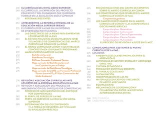 EL CURRÍCULO DEL NIVEL MEDIO SUPERIOR
EL CURRÍCULO, LA EXPRESIÓN DEL PROYECTO
EDUCATIVO Y DEL CIUDADANO QUE QUEREMOS
FORMAR EN LA EDUCACIÓN MEDIA SUPERIOR
REFORMAS RECIENTES
ANTECEDENTES: LA REFORMA INTEGRAL DE LA
EDUCACIÓN MEDIA SUPERIOR (RIEMS)
EL CURRÍCULO DE LA EMS EN UN ENTORNO
DE DIVERSIDAD INSTITUCIONAL
LAS DIRECTRICES DE LA RIEMS PARA ENFRENTAR
LOS DESAFIOS DE LA EMS
EL SISTEMA NACIONAL DE BACHILLERATO (SNB)
Y EL MODELO DE COMPETENCIAS DEL MARCO
CURRICULAR COMÚN DE LA RIEMS
EL MARCO CURRICULAR COMÚN Y SUS NIVELES DE
CONCRECIÓN EN LOS PLANES Y PROGRAMAS
MAPAS CURRICULARES DE LA EMS
Bachillerato General
Bachillerato Tecnológico
EMS con Formación Profesional Técnica
Mapa curricular del Bachillerato General
con Capacitación para el Trabajo
Mapa curricular del Bachillerato Tecnológico
Mapa curricular de la EMS con Formación Profesional
Técnica (carrera PT y PT-B en Conservación del
Medio Ambiente)
REVISIÓN Y ADECUACIÓN CURRICULAR ANTE
LOS RETOS DE LA REFORMA EDUCATIVA EN LA EMS
REVISIÓN Y ADECUACIÓN DEL PROCESO DE
IMPLEMENTACIÓN DEL ENFOQUE POR COMPETENCIAS
PROCESO DE IMPLEMENTACIÓN DEL ENFOQUE
POR COMPETENCIAS
EL PERFIL DE EGRESO DE LA EMS
PERFIL DE EGRESO DE LA EDUCACIÓN MEDIA
SUPERIOR
DETERMINACIÓN DE LOS CONTENIDOS
Y LA FORMA DE DESARROLLAR Y EVALUAR
SU APLICACIÓN PRÁCTICA
RECOMENDACIONES DEL GRUPO DE EXPERTOS
SOBRE EL MARCO CURRICULAR COMÚN
LAS COMPETENCIAS QUE ESTABLECE EL MARCO
CURRICULAR COMÚN ACTUAL
Competencias genéricas
LOS CAMPOS DISCIPLINARES EN EL MARCO
CURRICULAR COMÚN Y LAS COMPETENCIAS
DISCIPLINARES BÁSICAS
Campo disciplinar: Matemáticas
Campo disciplinar: Comunicación
Campo disciplinar: Ciencias Experimentales
Campo disciplinar: Ciencias Sociales
Campo disciplinar: Humanidades
EL PROCESO DE REVISIÓN Y AJUSTE EN EL MCC
CONDICIONES PARA GESTIONAR EL NUEVO
CURRÍCULO DE LA EMS
LOS RETOS
AMBIENTES ESCOLARES PROPICIOS PARA EL
APRENDIZAJE
AUTONOMÍA DE GESTIÓN ESCOLAR Y LIDERAZGO
DIRECTIVO
CULTURA PEDAGÓGICA
FORMACIÓN CONTINUA DOCENTE
EL TRABAJO COLEGIADO
LA EVALUACIÓN
INCORPORACIÓN DE LAS TIC
MATERIALES EDUCATIVOS Y RECURSOS
DE APOYO ADECUADOS
EQUIPAMIENTO
MECANISMOS DE COORDINACIÓN Y
COLABORACIÓN ENTRE LAS DISTINTAS
AUTORIDADES EDUCATIVAS
BIBLIOGRAFÍA
CRÉDITOS FOTOGRÁFICOS
248
249
251
254
255
261
264
270
272
272
272
273
274
275
276
278
279
281
283
286
289
295
296
296
301
302
308
314
322
326
330
334
335
336
340
344
346
351
356
359
362
364
366
368
371
 