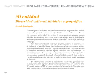 CAMPO FORMATIVO | EXPLORACIÓN Y COMPRENSIÓN DEL MUNDO NATURAL Y SOCIAL
En esta asignatura los alumnos estudian las características geográﬁcas de su entidad,
así como los principales procesos y hechos históricos acontecidos en ella. Asimis-
mo, reconocen la diversidad y los cambios de los componentes naturales, sociales,
culturales, económicos y políticos del espacio donde viven, a partir de analizar las
relaciones que los seres humanos han establecido entre sí y con su espacio a lo largo
del tiempo.
Con el conocimiento de la historia y la geografía, así como de la construcción
de ciudadanía en la entidad donde viven los alumnos, se busca promover el recono-
cimiento y respeto de los derechos y dignidad de las personas, y fortalecer en ellos
su sentido de pertenencia, identidad regional y nacional. Todo ello contribuye a su
formacióncomociudadanos;paraqueparticipendemanerainformada,responsabley
comprometida; aprecien la diversidad; valoren el cuidado personal, el del ambiente
y el del patrimonio natural y cultural, y se impliquen en acciones para la prevención
de desastres.
En esta Propuesta curricular se presentan los lineamientos generales sobre
los Ejes y Temas de la asignatura. La contextualización especíﬁca para cada uno de los
32 casos la realizará la SEP en concurrencia con las Secretarías de Educación esta-
tales, como lo marca la Ley General de Educación en su Artículo 14.
Mi entidad
Diversidad cultural, histórica y geográfica
3º grado de primaria
134
 