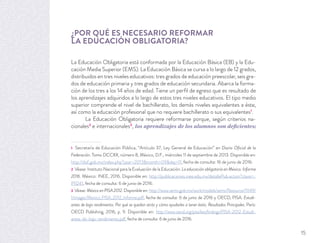 ¿POR QUÉ ES NECESARIO REFORMAR
LA EDUCACIÓN OBLIGATORIA?
La Educación Obligatoria está conformada por la Educación Básica (EB) y la Edu-
cación Media Superior (EMS). La Educación Básica se cursa a lo largo de 12 grados,
distribuidos en tres niveles educativos: tres grados de educación preescolar, seis gra-
dos de educación primaria y tres grados de educación secundaria. Abarca la forma-
ción de los tres a los 14 años de edad. Tiene un perﬁl de egreso que es resultado de
los aprendizajes adquiridos a lo largo de estos tres niveles educativos. El tipo medio
superior comprende el nivel de bachillerato, los demás niveles equivalentes a éste,
así como la educación profesional que no requiere bachillerato o sus equivalentes1
.
La Educación Obligatoria requiere reformarse porque, según criterios na-
cionales2
e internacionales3
, los aprendizajes de los alumnos son deficientes;
1 Secretaría de Educación Pública, “Artículo 37, Ley General de Educación” en Diario Oﬁcial de la
Federación. Tomo DCCXX, número 8, México, D.F., miércoles 11 de septiembre de 2013. Disponible en:
http://dof.gob.mx/index.php?year=2013&month=09&day=11, fecha de consulta: 16 de junio de 2016.
2 Véase: Instituto Nacional para la Evaluación de la Educación. La educación obligatoria en México. Informe
2016. México: INEE, 2016. Disponible en: http://publicaciones.inee.edu.mx/detallePub.action?clave=-
P1I241, fecha de consulta: 6 de junio de 2016.
3 Véase: México en PISA 2012. Disponible en: http://www.sems.gob.mx/work/models/sems/Resource/11149/
1/images/Mexico_PISA_2012_Informe.pdf, fecha de consulta: 6 de junio de 2016 y OECD, PISA. Estudi-
antes de bajo rendimiento. Por qué se quedan atrás y cómo ayudarles a tener éxito. Resultados Principales. París:
OECD Publishing, 2016, p. 9. Disponible en: http://www.oecd.org/pisa/keyﬁndings/PISA-2012-Estudi-
antes-de-bajo-rendimiento.pdf, fecha de consulta: 6 de junio de 2016.
15
 