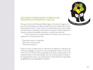 DESARROLLO PERSONAL Y SOCIAL
SEGUNDO COMPONENTE CURRICULAR:
DESARROLLO PERSONAL Y SOCIAL
Para que el alumno de Educación Básica logre una formación integral, el lo-
gro de los Aprendizajes clave debe complementarse con el desarrollo de otras
capacidades humanas. En este sentido, la escuela debe brindar oportunidades
para desarrollar la creatividad, la apreciación y la expresión artísticas; ejercitar el
cuerpo y mantenerlo saludable; y aprender a controlar las emociones.
Este componente curricular también es de observancia nacional y se
organiza en tres áreas de desarrollo:
Desarrollo artístico y creatividad
Desarrollo corporal y salud
Desarrollo emocional
Estas tres áreas no deben tener el tratamiento de asignaturas. Requieren de
enfoques pedagógicos especíﬁcos y de estrategias para evaluar la evolución
de los alumnos, distintas de las empleadas para valorar el desempeño en los
campos formativos de los Aprendizajes clave. Las tres áreas aportan al desarro-
llo integral del educando y muy especialmente al desarrollo de las capacidades
de aprender a ser y aprender a convivir.
155
 