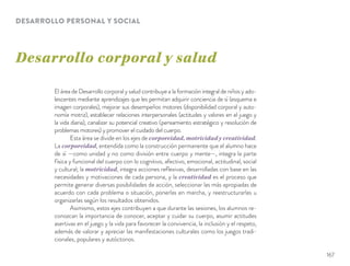 Desarrollo corporal y salud
DESARROLLO PERSONAL Y SOCIAL
El área de Desarrollo corporal y salud contribuye a la formación integral de niños y ado-
lescentes mediante aprendizajes que les permitan adquirir conciencia de sí (esquema e
imagen corporales), mejorar sus desempeños motores (disponibilidad corporal y auto-
nomía motriz), establecer relaciones interpersonales (actitudes y valores en el juego y
la vida diaria), canalizar su potencial creativo (pensamiento estratégico y resolución de
problemas motores) y promover el cuidado del cuerpo.
Esta área se divide en los ejes de corporeidad, motricidad y creatividad.
La corporeidad, entendida como la construcción permanente que el alumno hace
de sí —como unidad y no como división entre cuerpo y mente—, integra la parte
física y funcional del cuerpo con lo cognitivo, afectivo, emocional, actitudinal, social
y cultural; la motricidad, integra acciones reﬂexivas, desarrolladas con base en las
necesidades y motivaciones de cada persona, y la creatividad es el proceso que
permite generar diversas posibilidades de acción, seleccionar las más apropiadas de
acuerdo con cada problema o situación, ponerlas en marcha, y reestructurarlas u
organizarlas según los resultados obtenidos.
Asimismo, estos ejes contribuyen a que durante las sesiones, los alumnos re-
conozcan la importancia de conocer, aceptar y cuidar su cuerpo, asumir actitudes
asertivas en el juego y la vida para favorecer la convivencia, la inclusión y el respeto,
además de valorar y apreciar las manifestaciones culturales como los juegos tradi-
cionales, populares y autóctonos.
167
 