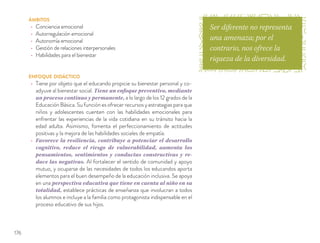ÁMBITOS
Conciencia emocional
Autorregulación emocional
Autonomía emocional
Gestión de relaciones interpersonales
Habilidades para el bienestar
ENFOQUE DIDÁCTICO
Tiene por objeto que el educando propicie su bienestar personal y co-
adyuve al bienestar social. Tiene un enfoque preventivo, mediante
un proceso continuo y permanente, a lo largo de los 12 grados de la
Educación Básica. Su función es ofrecer recursos y estrategias para que
niños y adolescentes cuenten con las habilidades emocionales para
enfrentar las experiencias de la vida cotidiana en su tránsito hacia la
edad adulta. Asimismo, fomenta el perfeccionamiento de actitudes
positivas y la mejora de las habilidades sociales de empatía.
Favorece la resiliencia, contribuye a potenciar el desarrollo
cognitivo, reduce el riesgo de vulnerabilidad, aumenta los
pensamientos, sentimientos y conductas constructivas y re-
duce las negativas. Al fortalecer el sentido de comunidad y apoyo
mutuo, y ocuparse de las necesidades de todos los educandos aporta
elementos para el buen desempeño de la educación inclusiva. Se apoya
en una perspectiva educativa que tiene en cuenta al niño en su
totalidad, establece prácticas de enseñanza que involucran a todos
los alumnos e incluye a la familia como protagonista indispensable en el
proceso educativo de sus hijos.
Ser diferente no representa
una amenaza; por el
contrario, nos ofrece la
riqueza de la diversidad.
176
 