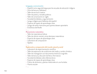 Lenguaje y comunicación
Español como segunda lengua para las escuelas de educación indígena
Hora de lectura y biblioteca
Taller de escritura creativa
Taller de poesía y recitales poéticos
Taller de conversación en inglés
Sociedad de debates y argumentación
Lengua indígena para hablantes del español
Espacios de repaso de aprendizajes clave
Lengua de señas mexicanas para quienes deseen aprenderla
Enseñanza del Braille
…
Pensamiento matemático
Taller de matemáticas lúdicas
Taller de cálculo mental y otras destrezas matemáticas
Espacios de repaso de aprendizajes clave
Laboratorio de computación
Ajedrez
…
Exploración y comprensión del mundo natural y social
Laboratorio de experimentación cientíﬁca
Taller de exploración de condiciones del medio y cambio climático
Taller de investigación con documentos históricos originales
Taller de lectura y discusión de libros informativos
Sociedad de debates sobre dilemas éticos
Espacios de repaso de aprendizajes clave
Cultivo de alimentos y plantas medicinales en una hortaliza
Huerto escolar
…
190
 