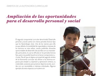 Ampliación de las oportunidades
para el desarrollo personal y social
ÁMBITOS DE LA AUTONOMÍA CURRICULAR
El segundo componente curricular denominado Desarrollo
personal y social cuenta con menos periodos lectivos ﬁjos
que los Aprendizajes clave. Una de las razones para ello
es que, debido a la variabilidad de capacidades e intereses de
los alumnos en esta esfera, resulta preferible ofrecerles
oportunidades de desarrollo más acordes con sus necesida-
des particulares, lo cual se diﬁculta en los periodos lectivos
ﬁjos, pero sí es posible hacerlo en el tercer componente cu-
rricular. De ahí que el objetivo principal del segundo ámbito
de la Autonomía curricular sea ofrecer a los alumnos es-
pacios para ampliar su expresión y apreciación artística, su
creatividad, ocasiones para practicar deporte escolar, acor-
des con sus necesidades e intereses individuales. Algunos
ejemplos de estos espacios curriculares son:
 