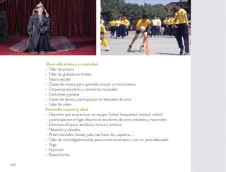 Desarrollo artístico y creatividad
Taller de pintura
Taller de grabado en linóleo
Teatro escolar
Clases de música para aprender a tocar un instrumento
Orquestas escolares y conciertos musicales
Canciones y poesía
Clases de danza y participación en festivales de zona
Taller de video
Desarrollo corporal y salud
Deportes que se practican en equipo: futbol, basquetbol, beisbol, volibol
y participación en ligas deportivas escolares, de zona, estatales y nacionales
Gimnasia olímpica, aeróbica, rítmica y artística
Natación y clavados
Artes marciales: karate, judo, tae kwon do, capoeira, …
Taller de cocina/gastronomía para conservarse sano y con un peso adecuado
Yoga
Nutrición
Buena forma
194
 