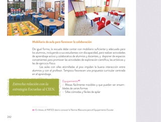Mobiliario de aula para favorecer la colaboración
De igual forma, la escuela debe contar con mobiliario suﬁciente y adecuado para
los alumnos, incluyendo a sus estudiantes con discapacidad, para realizar actividades
de aprendizaje activo y colaborativo de alumnos y docentes; y disponer de espacios
convenientes para promover las actividades de exploración cientíﬁca, las artísticas y
las de ejercicio físico.
Las aulas con sillas atornilladas al piso impiden la buena interacción entre
alumnos y con el profesor. Tampoco favorecen una propuesta curricular centrada
en el aprendizaje.
Equipamiento43
Mesas fácilmente movibles y que puedan ser ensam-
bladas de varias formas
Sillas cómodas y fáciles de apilar
43 En breve, el INIFED dará a conocer la Norma Mexicana para el Equipamiento Escolar.
Estrecha relación con la
estrategia Escuelas al CIEN.
242
 
