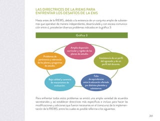 Baja calidad y carencia
de mecanismos de
evaluación.
Falta
de equivalencias
entre la educación ofertada
por distintos planteles y
subsistemas.
Amplia dispersión
curricular y rigidez de los
planes de estudio.
Problemas de
pertinencia y relevancia
de los planes y programas
de estudio.
Inexistencia de un perﬁl
del egresado y de un
perﬁl del docente.
LAS DIRECTRICES DE LA RIEMS PARA
ENFRENTAR LOS DESAFÍOS DE LA EMS
Hasta antes de la RIEMS, debido a la existencia de un conjunto amplio de subsiste-
mas que operaban de manera independiente, desarticulada y con escasa comunica-
ción entre sí, prevalecían diversos problemas indicados en la gráﬁca 3:
Para enfrentar todos estos problemas se emitió una amplia variedad de acuerdos
secretariales y así establecer directrices más especíﬁcas e incluso para hacer las
modiﬁcaciones y adiciones que fueron necesarias en el transcurso de la implemen-
tación de la RIEMS, entre los cuales es posible referirse a los siguientes:
Gráfica 3
261
 
