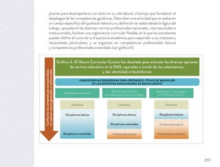 Gráfica 6. El Marco Curricular Común fue diseñado para articular las diversas opciones
de servicio educativo en la EMS, operadas a través de los subsistemas,
y dar identidad al bachillerato
COMPETENCIAS REQUERIDAS PARA OBTENER EL TÍTULO DE BACHILLER
EN LAS DISTINTAS MODALIDADES DE BACHILLERATO
Bachillerato General
Genéricas Genéricas Genéricas
Disciplinares básicas
Disciplinares extendidas
Disciplinares básicas
Disciplinares extendidas
Disciplinares básicas
Bachillerato Tecnológico
y Profesional Técnico
Bachillerato General
con capacitación para el trabajo
Profesionales básicas
Profesionales básicas
Profesionales extendidas
Conformelascompetenciasseespecializan
sevuelvenmenosgeneralesytransversales
jóvenes para desempeñarse con éxito en su vida laboral, al tiempo que fortalecen el
despliegue de las competencias genéricas. Describen una actividad que se realiza en
un campo especíﬁco del quehacer laboral y su deﬁnición se realiza desde la lógica del
trabajo, apoyada en las distintas normas profesionales nacionales, internacionales e
institucionales; facilitan una organización curricular ﬂexible, en la que los estudiantes
pueden deﬁnir el curso de su trayectoria académica para responder a sus intereses y
necesidades particulares; y se organizan en competencias profesionales básicas
y competencias profesionales extendidas (ver gráﬁca 6).
269
 