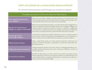 El ciudadano que queremos al término de la Educación Media Superior:
PERFIL DE EGRESO DE LA EDUCACIÓN MEDIA SUPERIOR
Tiene sentido de pertenencia y
amor a México 
Siente amor por México, dialoga y aprende de personas con distintos puntos de
vista, entiende la relación entre sucesos locales, nacionales e internacionales, valo-
ra la diversidad cultural y étnica y practica la interculturalidad.
Favorece la convivencia y el
diálogo, con respeto a la diversidad
Reconoce que la diversidad tiene lugar en un espacio democrático de dignidad, con
inclusión e igualdad de derechos de todas las personas. Privilegia el diálogo como
mecanismo para la solución de conﬂictos. Conoce sus derechos y obligaciones
como mexicano y miembro de distintas comunidades, y participa activamente a ﬁn
de contribuir a la equidad, bienestar y desarrollo democrático de la sociedad.
Se preocupa y actúa
por el medio ambiente
Comprende las implicaciones del daño ambiental y asume una actitud proactiva
para encontrar soluciones sostenibles, piensa globalmente y actúa localmente, y
valora el impacto social y ambiental de las innovaciones y avances cientíﬁcos.
Valora el arte y la cultura 
Valora y experimenta el arte y la cultura, porque le permiten comunicarse y le
aportan un sentido de identidad, y comprende su contribución al desarrollo inte-
gral de las personas.
Colabora de manera constructiva
Trabaja en equipo de manera constructiva y ejerce un liderazgo participativo y res-
ponsable, propone alternativas para actuar y solucionar problemas, y asume una
actitud constructiva.
Se comunica con eﬁcacia 
Identiﬁca las ideas clave en un texto o discurso oral e inﬁere conclusiones a partir
de ellas, argumenta con eﬁcacia y se expresa en español con claridad de forma oral
y escrita, para obtener e interpretar información y comunicarse con eﬁcacia, y
alcanza un dominio avanzado del inglés.
Así, retomando distintas propuestas, el perﬁl de egreso que se propone es el siguiente.
286
 