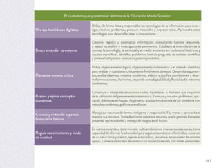 El ciudadano que queremos al término de la Educación Media Superior:
Usa sus habilidades digitales
Utiliza, de forma ética y responsable, las tecnologías de la información para inves-
tigar, resolver problemas, producir materiales y expresar ideas. Aprovecha estas
tecnologías para desarrollar ideas e innovaciones.
Busca entender su entorno
Obtiene, registra y sistematiza información, consultando fuentes relevantes,
y realiza los análisis e investigaciones pertinentes. Establece la interrelación de la
ciencia, la tecnología, la sociedad y el medio ambiente en contextos históricos y
sociales especíﬁcos. Identiﬁca problemas, formula preguntas de carácter cientíﬁco
y plantea las hipótesis necesarias para responderlas.
Piensa de manera crítica 
Utiliza el pensamiento lógico, el pensamiento matemático y el método cientíﬁco
para analizar y cuestionar críticamente fenómenos diversos. Desarrolla argumen-
tos, evalúa objetivos, resuelve problemas, elabora y justiﬁca conclusiones y desa-
rrolla innovaciones. Asimismo, responde con adaptabilidad y ﬂexibilidad a entornos
cambiantes.
Razona y aplica conceptos
numéricos
Construye e interpreta situaciones reales, hipotéticas o formales que requieren
de la utilización del pensamiento matemático. Formula y resuelve problemas, apli-
cando diferentes enfoques. Argumenta la solución obtenida de un problema con
métodos numéricos, gráﬁcos o analíticos.
Conoce y entiende aspectos
ﬁnancieros básicos
Maneja sus recursos de forma inteligente y responsable. Fija metas y aprovecha al
máximo sus recursos. Toma decisiones sobre sus recursos que le generan bienestar
presente, oportunidades y manejo de riesgos en el futuro.
Regula sus emociones y cuida
de su salud
Es autoconsciente y determinado, cultiva relaciones interpersonales sanas, tiene
capacidad de afrontar la adversidad para seguir actuando con efectividad, cuidando
de su salud física y mental, ejerce autocontrol, reconoce la necesidad de solicitar
apoyo, y tiene la capacidad de construir un proyecto de vida, con metas personales.
287
 