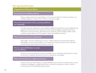 Se comunica con conﬁanza y eﬁcacia.
Utiliza su lengua materna (y el español) para comunicarse con eﬁcacia en distintos contextos con
múltiples propósitos e interlocutores. Puede comunicarse en inglés.
Desarrolla el pensamiento crítico y resuelve problemas
con creatividad.
Al analizar situaciones, argumenta y razona, identiﬁca problemas (matemáticos y de otra índole), formula
preguntas, fundamenta sus juicios, propone soluciones, aplica estrategias y toma decisiones. Busca
información en diversas fuentes, sabe seleccionarla, analizarla y evaluarla. Elabora, deﬁne, analiza
y evalúa sus propias ideas con el ﬁn de mejorar y maximizar los esfuerzos creativos.
Tiene iniciativa y favorece la colaboración.
Sabe trabajar de manera colaborativa; reconoce, respeta y aprecia en los otros la diversidad de
capacidades y visiones; puede modiﬁcar, en consecuencia, sus propios puntos de vista; emprende
y se esfuerza por lograr proyectos personales y colectivos.
Muestra responsabilidad por su cuerpo
y por el ambiente.
Promueve y asume el cuidado de su salud y del ambiente como condiciones que favorecen un estilo
de vida activo y saludable. Aprovecha los recursos naturales con racionalidad.
Posee autoconocimiento y regula sus emociones.
Conoce y valora sus características y sus potencialidades como ser humano; al relacionarse con otros
es tolerante y despliega su civilidad; sabe dominar sus emociones, expresar su afecto y construir
vínculos a partir de las capacidades propias y ajenas.
Diez rasgos del perﬁl de egreso
El egresado de la Educación Básica:
38
 