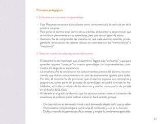 Principios pedagógicos
1. Enfocarse en el proceso de aprendizaje
Esta Propuesta reconoce al estudiante como parte esencial y la razón de ser de la
práctica docente.
Para poner al alumno en el centro de su práctica, el docente ha de promover que
se involucre plenamente en su aprendizaje, para que sea un aprendiz activo.
Asimismo ha de comprender las maneras en que cada alumno aprende, privile-
giando la construcción de saberes valiosos en contraste con los “memorísticos” o
“mecánicos”.
2. Tener en cuenta los saberes previos del alumno
El docente ha de reconocer que el alumno no llega al aula “en blanco” y que para
aprender requiere “conectar” los nuevos aprendizajes con los preexistentes, cons-
truidos a lo largo de su experiencia.
La enseñanza ha de anclarse en los conocimientos previos del alumno, recono-
ciendo que dichos conocimientos no son necesariamente iguales para todos.
Por ello, el docente ha de promover que el alumno exprese sus conceptos y
propuestas, como parte del proceso de aprendizaje; así podrá conocer las ha-
bilidades, actitudes y valores de los alumnos y usarlos como punto de partida
en el diseño de la clase.
Al identiﬁcar el grado de dominio que los alumnos tienen sobre el contenido de
enseñanza, el profesor podrá calibrar si éste les hará sentido, porque:
El contenido no es demasiado trivial o está demasiado alejado de lo que ya saben
El estudiante comprende para qué le sirve el contenido y cuál es su función
Dicho contenido les permite rectiﬁcar errores y ampliar lo previamente aprendido
43
 