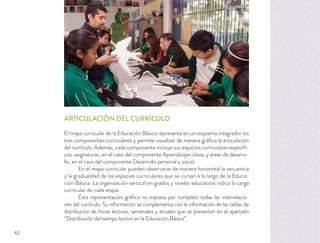 ARTICULACIÓN DEL CURRÍCULO
El mapa curricular de la Educación Básica representa en un esquema integrador los
tres componentes curriculares y permite visualizar de manera gráﬁca la articulación
del currículo. Además, cada componente incluye sus espacios curriculares especíﬁ-
cos: asignaturas, en el caso del componente Aprendizajes clave, y áreas de desarro-
llo, en el caso del componente Desarrollo personal y social.
En el mapa curricular pueden observarse de manera horizontal la secuencia
y la gradualidad de los espacios curriculares que se cursan a lo largo de la Educa-
ción Básica. La organización vertical en grados y niveles educativos indica la carga
curricular de cada etapa.
Esta representación gráﬁca no expresa por completo todas las interrelacio-
nes del currículo. Su información se complementa con la información de las tablas de
distribución de horas lectivas, semanales y anuales que se presentan en el apartado
“Distribución del tiempo lectivo en la Educación Básica”.
62
 