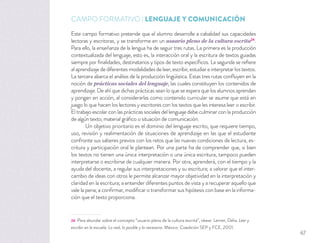 CAMPO FORMATIVO | LENGUAJE Y COMUNICACIÓN
Este campo formativo pretende que el alumno desarrolle a cabalidad sus capacidades
lectoras y escritoras, y se transforme en un usuario pleno de la cultura escrita24
.
Para ello, la enseñanza de la lengua ha de seguir tres rutas. La primera es la producción
contextualizada del lenguaje, esto es, la interacción oral y la escritura de textos guiadas
siempre por ﬁnalidades, destinatarios y tipos de texto especíﬁcos. La segunda se reﬁere
al aprendizaje de diferentes modalidades de leer, escribir, estudiar e interpretar los textos.
La tercera abarca el análisis de la producción lingüística. Estas tres rutas conﬂuyen en la
noción de prácticas sociales del lenguaje, las cuales constituyen los contenidos de
aprendizaje. De ahí que dichas prácticas sean lo que se espera que los alumnos aprendan
y pongan en acción, al considerarlas como contenido curricular se asume que está en
juego lo que hacen los lectores y escritores con los textos que les interesa leer o escribir.
El trabajo escolar con las prácticas sociales del lenguaje debe culminar con la producción
de algún texto, material gráﬁco o situación de comunicación.
Un objetivo prioritario es el dominio del lenguaje escrito, que requiere tiempo,
uso, revisión y realimentación de situaciones de aprendizaje en las que el estudiante
confronte sus saberes previos con los retos que las nuevas condiciones de lectura, es-
critura y participación oral le plantean. Por una parte ha de comprender que, si bien
los textos no tienen una única interpretación o una única escritura, tampoco pueden
interpretarse o escribirse de cualquier manera. Por otra, aprenderá, con el tiempo y la
ayuda del docente, a regular sus interpretaciones y su escritura; a valorar que el inter-
cambio de ideas con otros le permite alcanzar mayor objetividad en la interpretación y
claridad en la escritura; a entender diferentes puntos de vista y a recuperar aquello que
vale la pena; a conﬁrmar, modiﬁcar o transformar sus hipótesis con base en la informa-
ción que el texto proporciona.
24 Para abundar sobre el concepto “usuario pleno de la cultura escrita”, véase: Lerner, Delia. Leer y
escribir en la escuela. Lo real, lo posible y lo necesario. México: Coedición SEP y FCE, 2001.
67
 