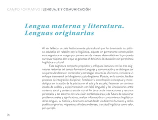 CAMPO FORMATIVO | LENGUAJE Y COMUNICACIÓN
Al ser México un país históricamente pluricultural que ha dinamizado su políti-
ca educativa en relación con la lingüística, aspecto en permanente construcción,
esta asignatura se integra por primera vez de manera desarrollada en la propuesta
curricular nacional con lo que se garantiza el derecho a la educación con pertinencia
lingüística y cultural.
Esta asignatura comparte propósitos y enfoques comunes con las tres asig-
naturas restantes del campo formativo Lenguaje y comunicación y se distingue por
sus particularidades en contenidos y estrategias didácticas. Asimismo, considera un
enfoque transversal de bilingüismo y plurilingüismo. Postula, en lo común, facilitar
procesos de integración disciplinar; fortalecer la coordinación conceptual y meto-
dológica en la acción de la práctica en el aula y la escuela; favorecer un continuo
estado de análisis y experimentación con la(s) lengua(s) y las vinculaciones entre
contexto social y contexto escolar con el ﬁn de articular interacciones y recursos
personales y del entorno con una visión contemporánea y de futuro de solucionar
problemas reales y signiﬁcativos; analizar información y conocimientos lingüísticos
de las lenguas, su historia y dinamismo actual desde los derechos humanos y de los
pueblos originarios, migrantes y afrodescendientes; la actitud lingüística como valor,
por ejemplo.
Lengua materna y literatura.
Lenguas originarias
76
 
