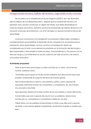 PROPUESTA CURRICULAR
124
Comprensión lectora, hábito de lectura, expresión oral y escrita.
De acuerdo con lo establecido en la Ley Orgánica 8/2013, de 9 de diciembre,
para la Mejora de la Calidad Educativa, dispone que la comprensión lectora y la
expresión oral y escrita constituyan un objeto de interés, que debe desarrollarse en
todas las etapas educativas. Asimismo, promueve el desarrollo de hábitos de lectura y la
iniciación al estudio de la literatura, con el fin de lograr un aprovechamiento eficaz del
aprendizaje.
La lectura, la escritura y la investigación son procesos intelectuales complejos y
complementarios que posibilitan el desarrollo de las competencias necesarias para la
adquisición de los aprendizajes. Lectura, escritura e investigación deben ser
considerados por lo tanto como elementos prioritarios en la formación del alumnado y
ejes inseparables y transversales a todas las áreas, transcendiendo su vinculación con el
área de Lengua y convirtiéndose en asunto colectivo de todo el centro y de toda la
comunidad educativa.
Actividades propuestas:
- Pedir al alumnado que busque un dato concreto en un texto, como fechas,
autores, palabras clave…
- Enseñarles que busquen en el diccionario palabras que desconocen para que
puedan comprender el conjunto del texto de manera global.
- Que el alumnado lea un texto o unos párrafos cortitos y sean capaces de
expresarlo oralmente al resto de compañeros y compañeras, de una manera
muy escueta y resumida.
- Que aprendan diferencia la idea central, de las secundarias y menos relevantes.
- Comentarles que sean capaces de resumir con sus palabras, redacciones
escritas por sus compañeros y compañeras y leídas en voz alta.
- Utilizar textos con las palabras entrecortadas a mitad y que ellos sean capaces
de leerlo y una manera global completando visualmente la grafía a medida que
leen.
 