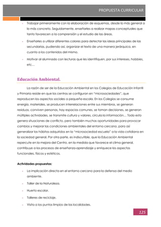 PROPUESTA CURRICULAR
125
- Trabajar primeramente con la elaboración de esquemas, desde lo más general a
lo más concreto. Seguidamente, enseñarles a realizar mapas conceptuales que
tanto favorecen a la comprensión y el estudio de las áreas.
- Enseñarles a utilizar diferentes colores para detectar las ideas principales de las
secundarias, pudiendo así, organizar el texto de una manera jerárquica, en
cuanto a los contenidos del mismo.
- Motivar al alumnado con lecturas que les identifiquen, por sus intereses, hobbies,
etc…
Educación Ambiental.
La razón de ser de la Educación Ambiental en los Colegios de Educación Infantil
y Primaria reside en que los centros se configuran en “microsociedades”, que
reproducen los aspectos sociales a pequeña escala. En los Colegios se consume
energía, materiales, se producen interrelaciones entre sus miembros, se generan
residuos, conviven personas, hay espacios comunes, se toman decisiones, se generan
múltiples actividades, se transmite cultura y valores, circula la información… Todo esto
genera situaciones de conflicto, pero también muchas oportunidades para provocar
cambios y mejorar las condiciones ambientales del entorno cercano, para así
generalizar los hábitos adquiridos en la “microsociedad escuela” a la vida cotidiana en
la sociedad general. Por otra parte, es indiscutible, que la Educación Ambiental
repercute en la mejora del Centro, en la medida que favorece el clima general,
contribuye a los procesos de enseñanza-aprendizaje y enriquece los aspectos
funcionales, físicos y estéticos.
Actividades propuestas:
- La implicación directa en el entorno cercano para la defensa del medio
ambiente.
- Taller de la Naturaleza.
- Huerto escolar.
- Talleres de reciclaje.
- Visita a los puntos limpios de las localidades.
 