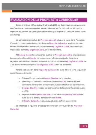 PROPUESTA CURRICULAR
129
EVALUACIÓN DE LA PROPUESTA CURRICULAR
Según el artículo 129 de la Ley Orgánica 2/2006, de 3 de mayo, es competencia
del Claustro de profesores aprobar y evaluar la concreción del currículo y todos los
aspectos educativos de los Proyectos Educativos y la Propuesta Curricular (como parte
del mismo)
La aprobación definitiva del Proyecto educativo (y por lo tanto de la Propuesta
Curricular) corresponde al responsable de la Dirección del centro, según se dispone
entre sus competencias en el artículo 132 de la Ley Orgánica 2/2006, de 3 de mayo,
modificado por la Ley Orgánica 8/2013, de 9 de diciembre.
Al Consejo Escolar le corresponde evaluar el Proyecto educativo, sin perjuicio de
las competencias del Claustro de profesores en relación con la planificación y
organización docente, tal como establece el artículo 127 de la Ley Orgánica 2/2006, de
3 de mayo, modificado por la Ley Orgánica 8/2013, de 9 de diciembre.
Para la elaboración de la Propuesta Curricular del curso 2015-16 se ha seguido el
siguiente procedimiento:
Elaboración por parte del Equipo Directivo de la plantilla.
Se entrega la plantilla a los coordinadores en CCP y se establece el
calendario para que los ciclos-niveles puedan efectuar sus aportaciones.
El Equipo Directivo recoge las aportaciones de los diferentes ciclos-niveles
en CCP.
Se presenta el Proyecto Educativo y con ello la Propuesta Curricular del
curso 2015-16 para su aprobación en Claustro.
El Director del centro realiza la aprobación definitiva del mismo.
Se establece el siguiente proceso para la revisión y evaluación del Propuesta
Curricular:
 